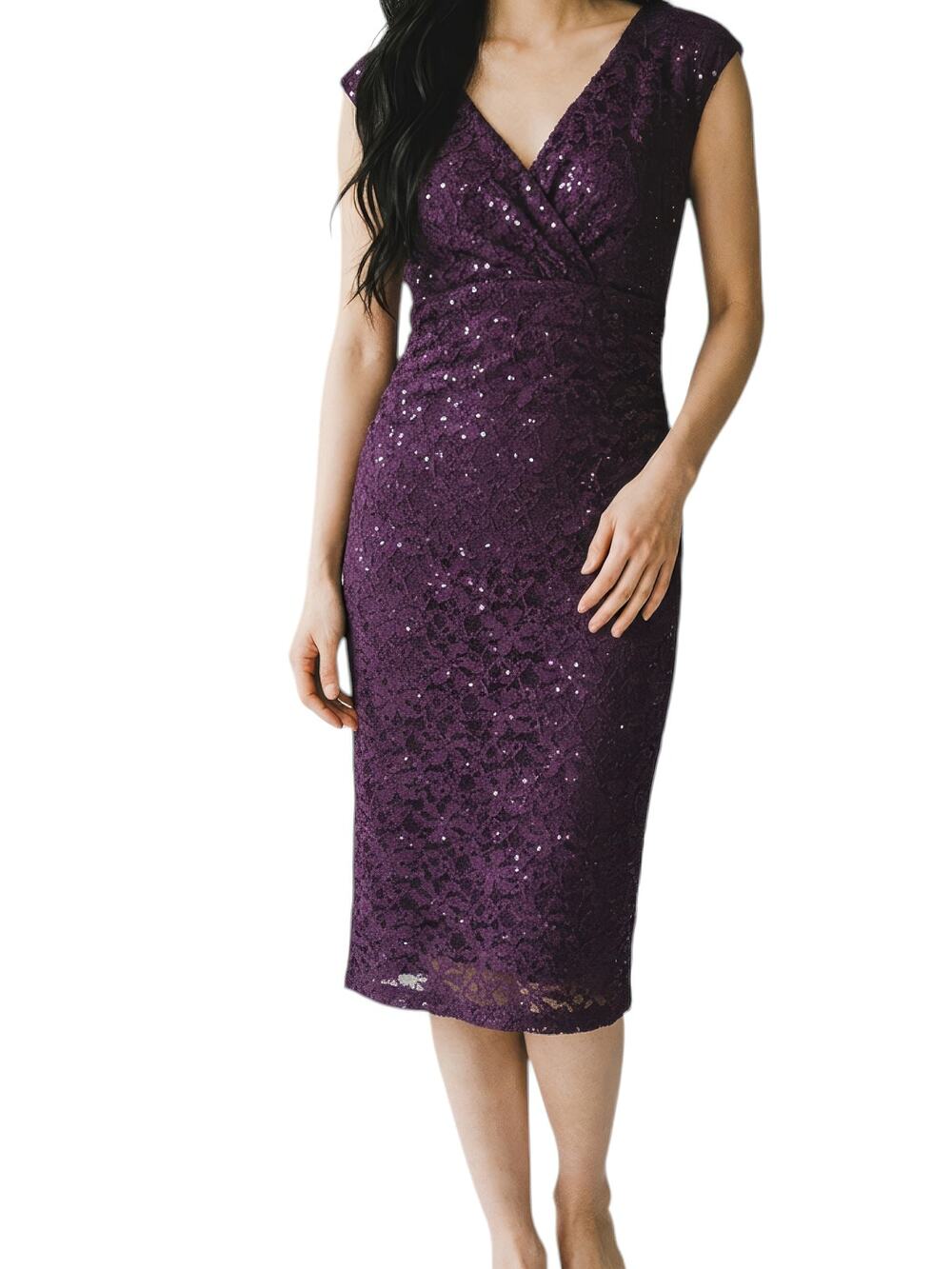 DRESSBARN Dress Barn  Purple Lace Stretchy Sequins Fitted Flattering Dress 6
